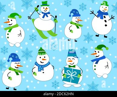 Wintermuster mit Schneemännern und Schneeflocken. Schneemann auf Skiern und mit Geschenk auf blauem Hintergrund. Vektor Nahtloses Muster. Kann für Weihnachtskarten oder Geschenkpapier verwendet werden. Stock Vektor