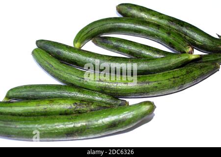 Ridge Guard, Gilki oder Turai Fresh Organic Green gesundes Gemüse auf weißem Hintergrund, selektiver Fokus mit Unschärfe. Stockfoto