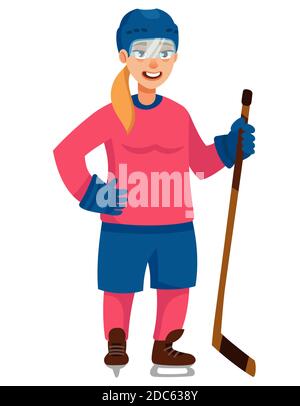 Stehender Hockeyspieler. Weibliche Figur im Cartoon-Stil. Stock Vektor