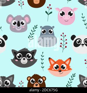 Nahtloses Muster von niedlichen Tieren. Vektor Cartoon Hintergrund. Flacher Style. Stock Vektor