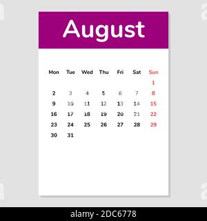 Kalenderblatt August 2021. Vektorgrafik. Stock Vektor