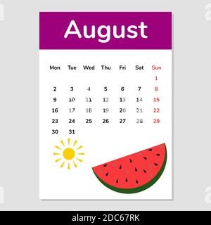 August 2021 Kalenderblatt mit Wassermelone Illustration. Vektor. Stock Vektor