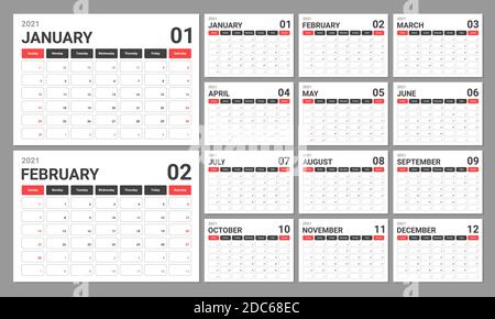 Kalender 2021-Vorlage. Kalenderblätter in minimalistischem Stil. Die Woche beginnt am Sonntag. Vektorgrafik. Stock Vektor