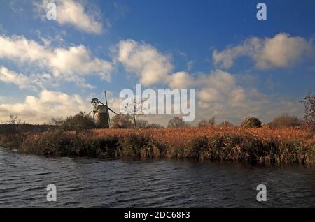 Eine Landschaft auf den Norfolk Broads des Flusses Ant mit Schilfbeeten und Turf Fen Drainage Mill im Herbst von How Hill, Ludham, Norfolk, England, UK. Stockfoto