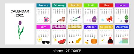 Kalender 2021. Vektor. Kalenderblätter mit einfachen Illustrationen. Stock Vektor