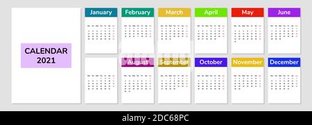 2021 Kalendervorlage. Kalenderblätter mit verschiedenen Farben. Vektorgrafik. Minimalismus. Stock Vektor