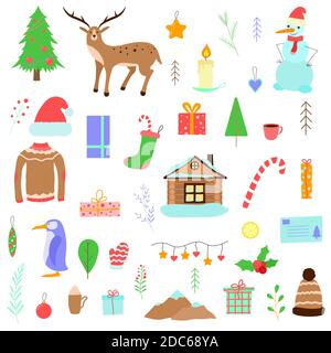 Set mit weihnachtlichen Illustrationen. Vektorgrafik Zeichentricksymbole. Isolierte Objekte auf Weiß. Flaches Design. Stock Vektor