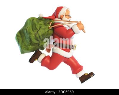 Weihnachtsmann läuft mit Sack voller Geschenke isoliert auf 3D-Rendering mit weißem Hintergrund Stockfoto