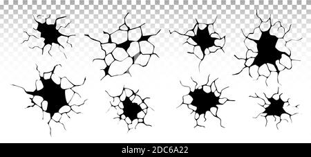 Bodenrisse gesetzt. Erdbeben und Bodenrisse, Lochwirkung, Craquelure und beschädigte Wandstruktur. Vektor-Illustrationen Erdbeben, Absturz, Zerstörung Stock Vektor