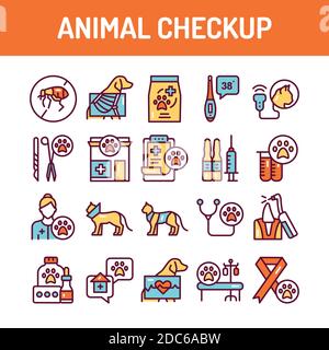 Symbole für die Farblinie der Tieruntersuchung sind gesetzt. Isoliertes Vektorelement. Skizzieren Piktogramme für Webseite, mobile App, Promo. Stock Vektor