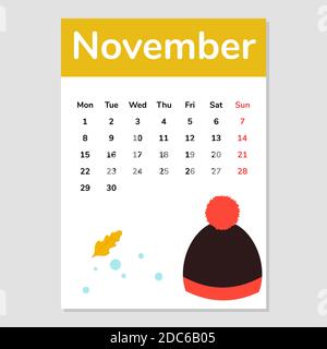 November 2021 Kalenderblatt mit Hutabbildung. Vektor. Stock Vektor