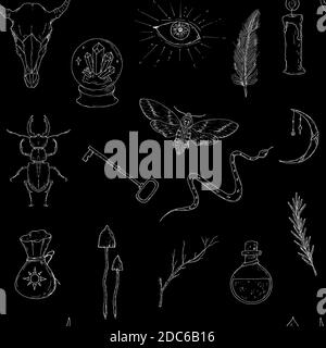 Nahtloses Patter aus okkulten Elementen. Vektorhintergrund. Handgezeichneter Stil. Stock Vektor