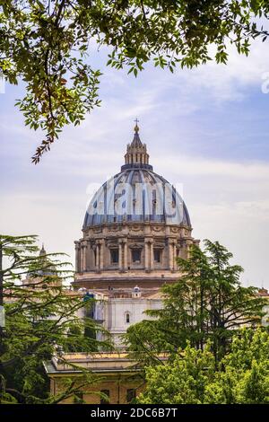 ROM, Vatikanstadt/Italien - 2019/06/15: Panoramablick auf den Petersdom - den Petersdom - den San Pietro in Vaticano - die Hauptkuppel von Michelangelo Buona Stockfoto