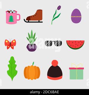 Satz einfacher flacher Symbole. Vektorgrafik Cartoon Illustrationen. Isolierte Objekte auf weißem Hintergrund. Stock Vektor