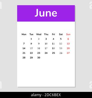 Kalenderblatt Juni 2021. Vektorgrafik. Stock Vektor