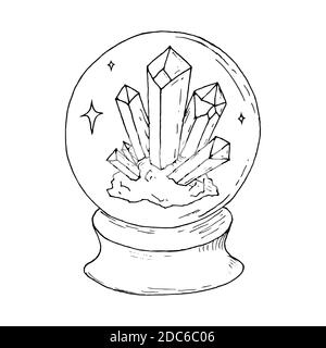 Magische Kugel mit Kristallen im Inneren. Vektorgrafik. Isoliertes Objekt auf Weiß. Handgezeichneter Stil. Stock Vektor