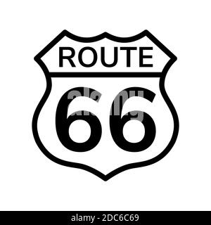 Schild Route 66. Schwarz und Weiß. Umrisssymbol. Isoliertes Objekt auf Weiß. Vektorgrafik. Stock Vektor