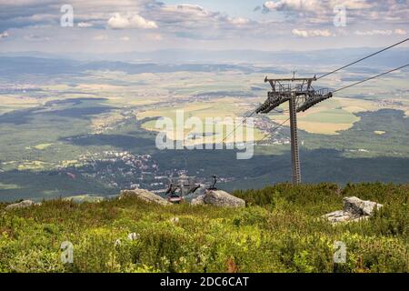 Panoramablick auf das Sub-Tatra-Tiefland unter dem Hochplateau von Skalnate Pleso am Gipfel von Lomnica - Lomicky stit - in der slowakischen Tatra in der Nähe von Tatranska Stockfoto