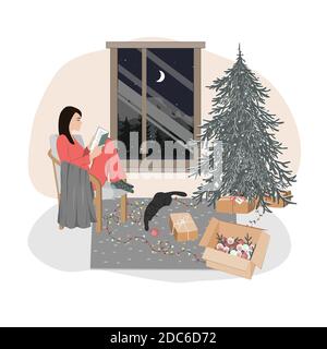 Ein nettes entspanntes Mädchen, das in einem Stuhl sitzt und liest. Hygge Weihnachten Stimmung, Weihnachten Innenraum Vektor-Illustration Stock Vektor