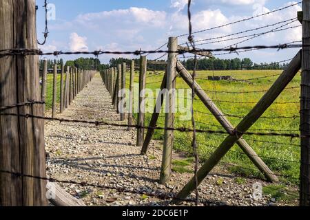 Lublin, Lubelskie/Polen - 2019/08/17: Stacheldrahtzäune des Konzentrationslagers Majdanek KL Lublin für die Nazi-Vernichtungslager - Konzentrationschlager Stockfoto