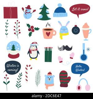 Set mit weihnachtlichen Illustrationen. Vektorgrafik Zeichentricksymbole. Wintersymbole. Isolierte Objekte auf Weiß. Flaches Design. Stock Vektor