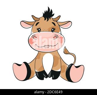 Niedliche Cartoon-Stier, flache Design. Baby Bull, Symbol von 2021, Clip-Art mit Tier isoliert auf weißem Hintergrund. Vektorgrafik für Aktien. Frohes neues Jahr 2021 des Ochsen, Stier Stock Vektor