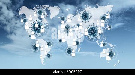 Kontakt Tracing COVID-19 Corona Virus Tracking App und Verbreitung Konzept, Welt Geografische Karte mit Personen-Symbolen und Molekülsymbolen auf blau Sky Backgrou Stockfoto