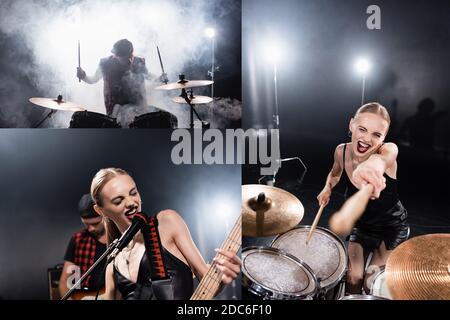 Collage aus blonden Frauen, die mit Drumsticks zeigen, singen, während sie Gitarre spielen und am Schlagzeug sitzen Stockfoto