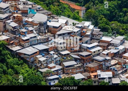 Blick auf die Dächer von Favela Santa Marta in Morro Dona Marta von Mirante Dona Marta, einem Aussichtspunkt im Tijuca Nationalpark in Rio de Janeiro, Brasilien Stockfoto