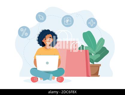 Online-Shopping-Konzept mit schwarzen Frau Charakter Stock Vektor