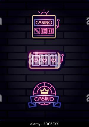 casino, Spielautomat Chip Glücksspiel Neon-Zeichen auf Backstein Wand Vektor Illustration Stock Vektor