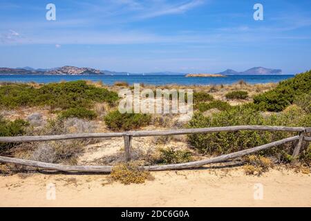 Panoramablick auf die Halbinsel Spalmatore di Terra Marine Naturschutzgebiet mit mediterranem Gestrüpp der Insel Isola Tavolara auf Tyrrheni Stockfoto