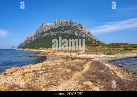 Panoramablick auf die Klippen und Hänge des Hauptkalkmassiv, Monte Cannone Gipfel, der Insel Isola Tavolara auf Tyrrhenischen Meer vor der Nordküste von Sar Stockfoto