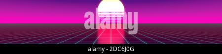 3D violett und rosa retro, futuristisches 80er Jahre Design - Sonne und Gitter. Stockfoto