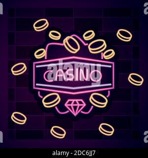 casino, Glücksspiel Münzen Geld Plakatwand Neon-Zeichen auf Backstein Wand Vektor Illustration Stock Vektor