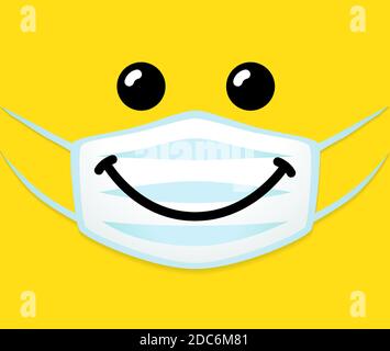 Emoji Lächeln Gesicht mit schützenden Mundmaske. Emoticon flache lächelnde Ikone in einer weißen OP-Maske. Vektor-Illustration für soziale Distanz auf gelb Stock Vektor