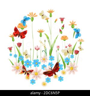 Abstrakter Hintergrund. Landschaft mit Schmetterlingen und Blumen. Flacher Cartoon-Stil. Mädchenhaft oder kindisch. Weiche, abgerundete Wolken. Die Zusammensetzung ist Stock Vektor