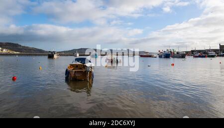 Lyme Regis, Dorset, Großbritannien. November 2020. UK Wetter: Boote im Cobb Hafen im Badeort Lyme Regis an einem Tag der hellen Sonnenzauber vertäut. Kredit: Celia McMahon/Alamy Live Nachrichten Stockfoto