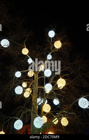 Neon, glühende Kugeln auf einem Baum Stockfoto