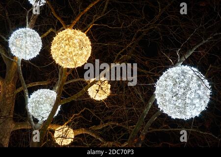 Neon, glühende Kugeln auf einem Baum Stockfoto