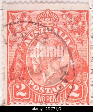 Antwerpen, Belgien - 17. November 2020: Ein Briefmarkendruck der Australian Post, zeigt ein Porträt des Menschen Stockfoto