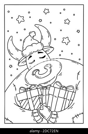 Stier im weihnachtsmütze und Pullover mit Geschenken. Jahr des Ochsen. Neujahr 2021 und fröhliche weihnachten Illustration. Malvorlagen für Kinder Buch. Stock Vektor