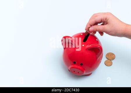 Kaukasische weibliche Hand legt eine Münze in ein rotes Sparschwein neben liegen Münzen auf einem blauen Hintergrund, Draufsicht, Kopierraum. Sparkonzept Stockfoto