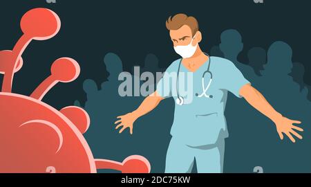 Arzt Mann rettet Menschen vor Coronavirus. Mutiger Held. Illustrationskonzept. Stock Vektor