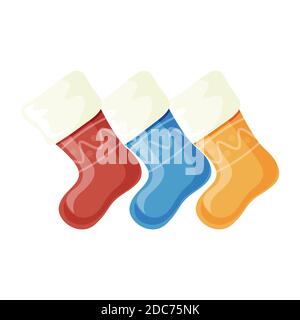 Cartoon traditionelle Weihnachtsstrümpfe Socken mit Wintermuster. vektor-Illustration Stock Vektor
