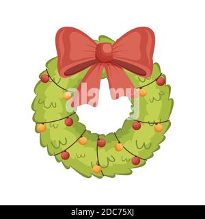 Cartoom geschmückter Weihnachtskranz mit roter Schleife und Lichtern. Vektorgrafik. Stock Vektor