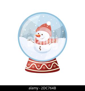 Cartoon Weihnachten Schneekugel mit niedlichen Schneemann Charakter im Inneren. vektor-Illustration Stock Vektor