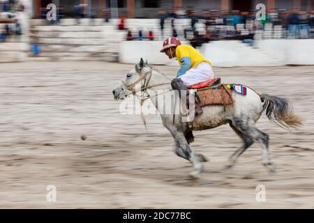 Ein Mann auf einem Pferd während eines Polospiels in Leh, Ladakh, Indien Stockfoto