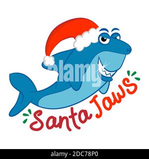 Santa Jaws, Santa Shark - lustige Vektor-Illustration mit Text für Weihnachten. Inspirierende Angebotskarte, Einladung, Banner. Kinder Kalligraphie Hintergrund Stock Vektor