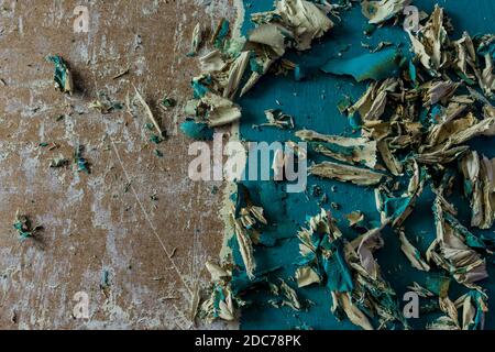 Restaurierung einer alten Tür. Entfernen alter Farbschichten. Blick von oben . Nahaufnahme. Bemalte Tür, verdrehte Schichten von blauer Farbe, weißer Kitt. Stockfoto